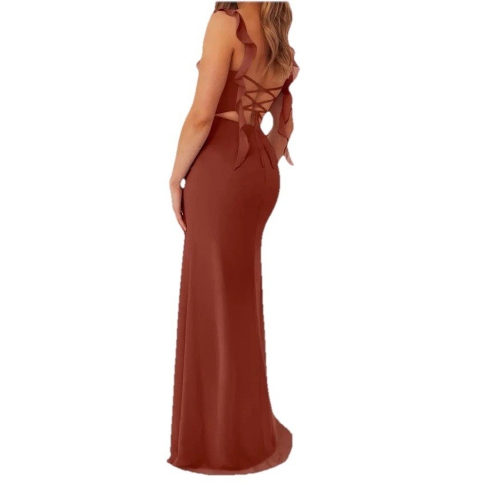 Azazie Rust Ruffled-Sleeve Column Gown - Picture 2 of 15